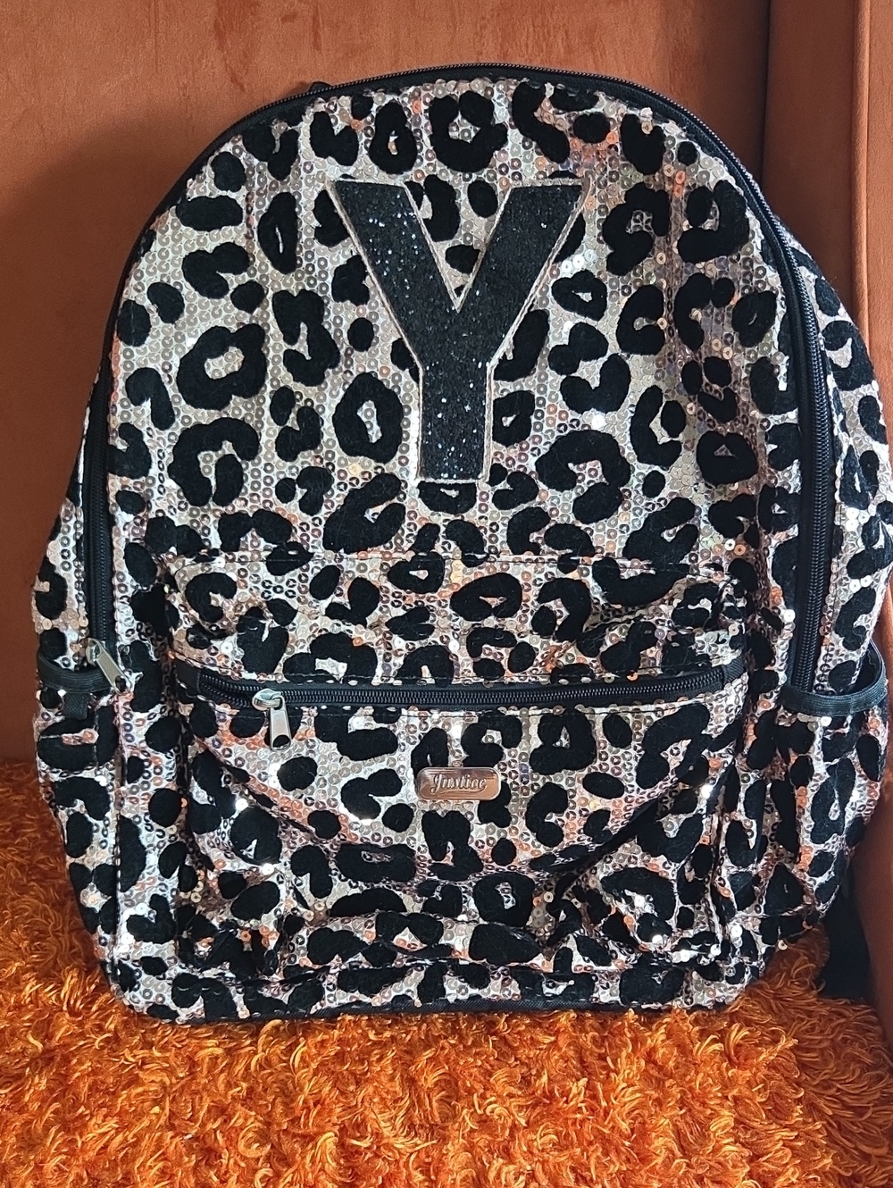 Justice Silver Sequin Leopard Backpack with Black Appliqué